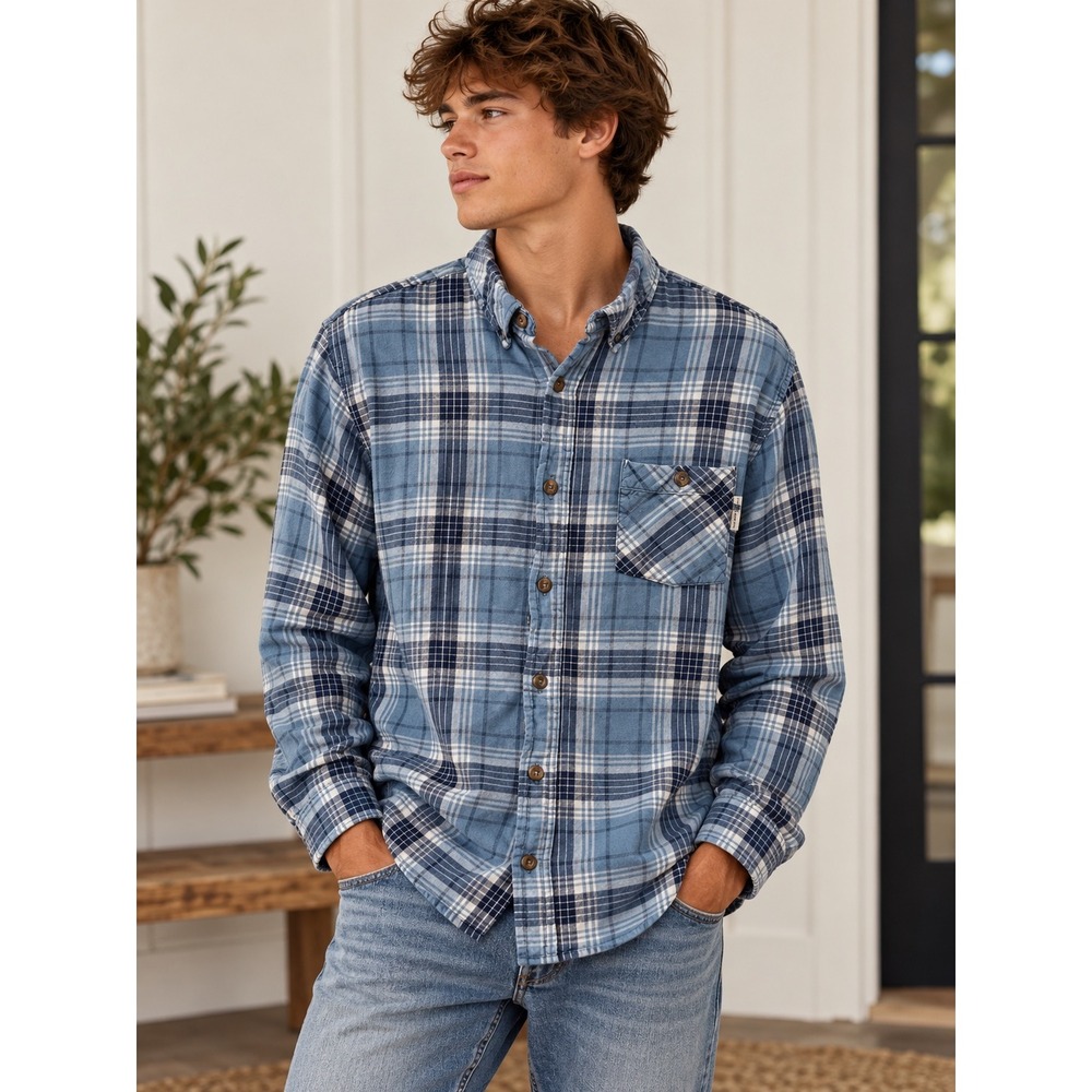 Field & Stream Flannel Shirt Button Down Blue Plaid Outdoor Size Large
